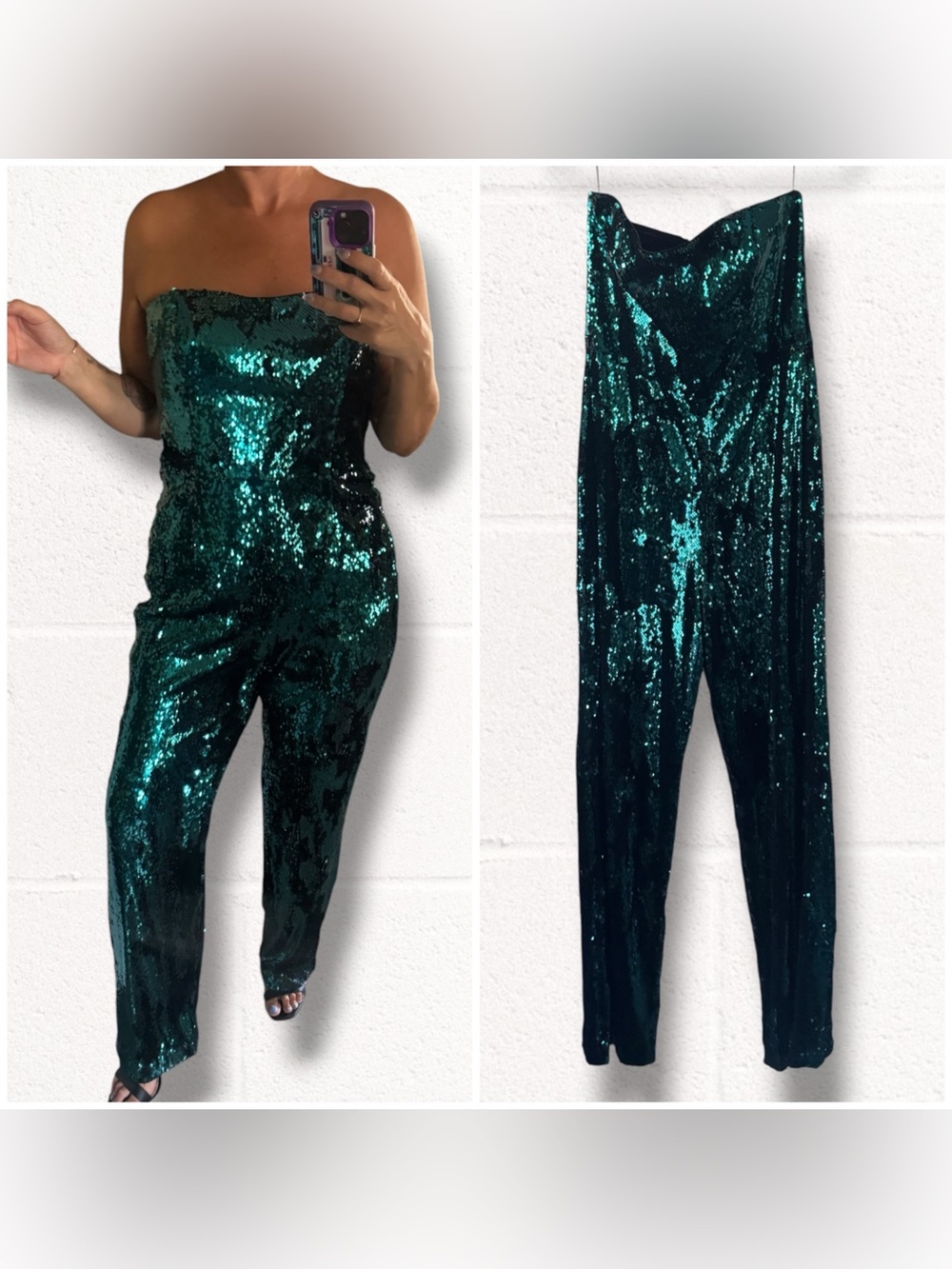 Dress the Population Andy Deep Emerald Green Strapless Sequin Jumpsuit, XL